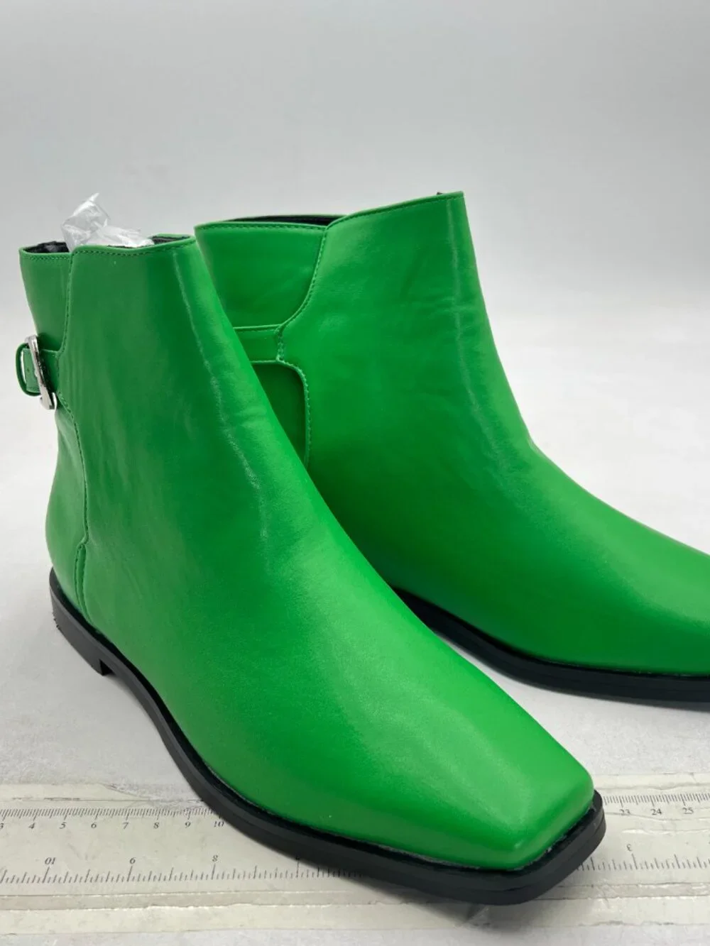 Green Low Heel Back Strap Buckle Ankle Boots Square Toe Ladies Casual Daily Boot